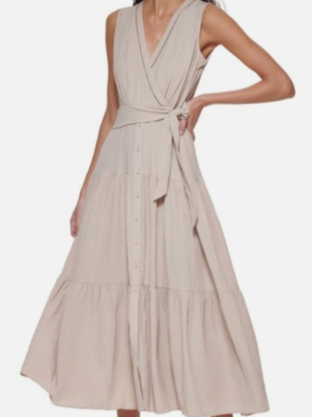 NWT Calvin Klein Khaki Gauze V-Neck Tiered Faux Wrap Maxi Dress 12